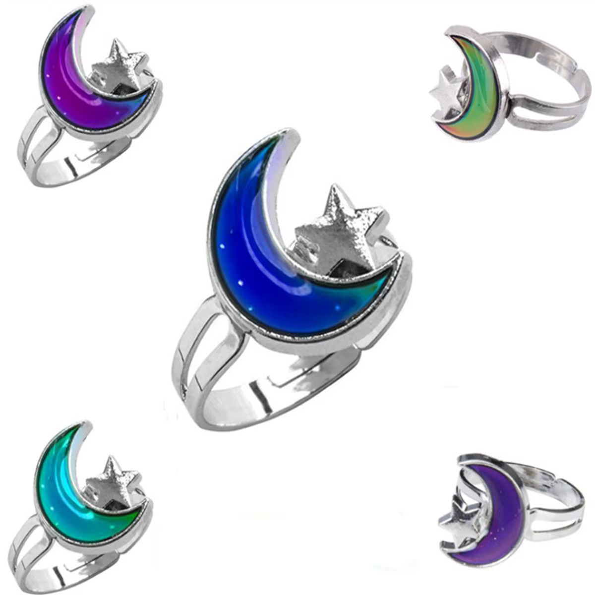 1PC Bague d'humeur en forme de cœur, à changement de couleur selon les émotions, motif Lune et Étoil