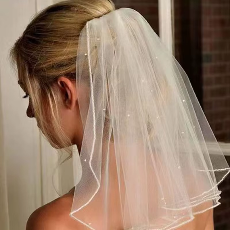 Voile court de mariée double couche style français avec perles, coiffe rétro pour mariée, demoiselle