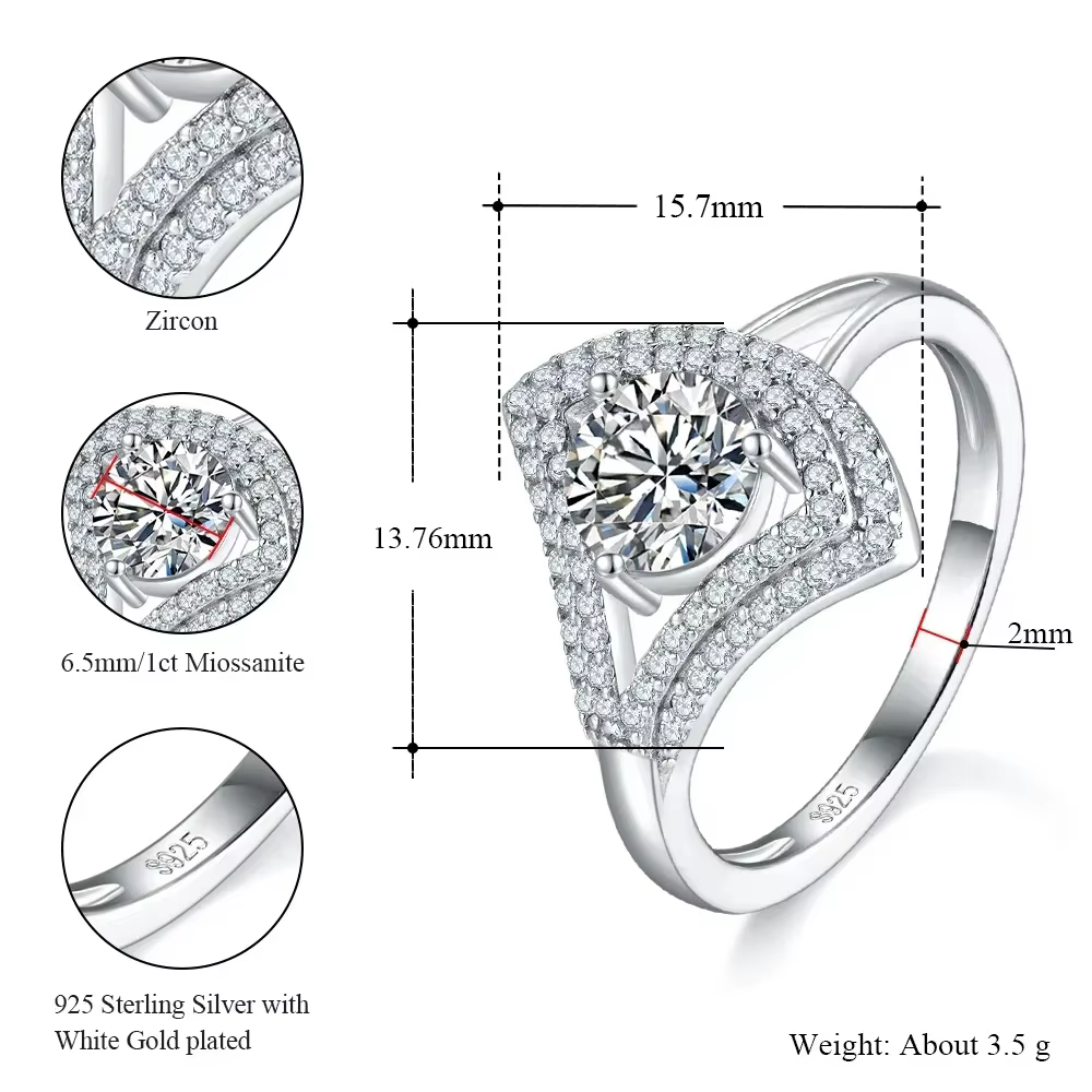Bague de fiançailles LinkerLove 1ct Moissanite en argent sterling S925 plaqué or 18 carats pour femm