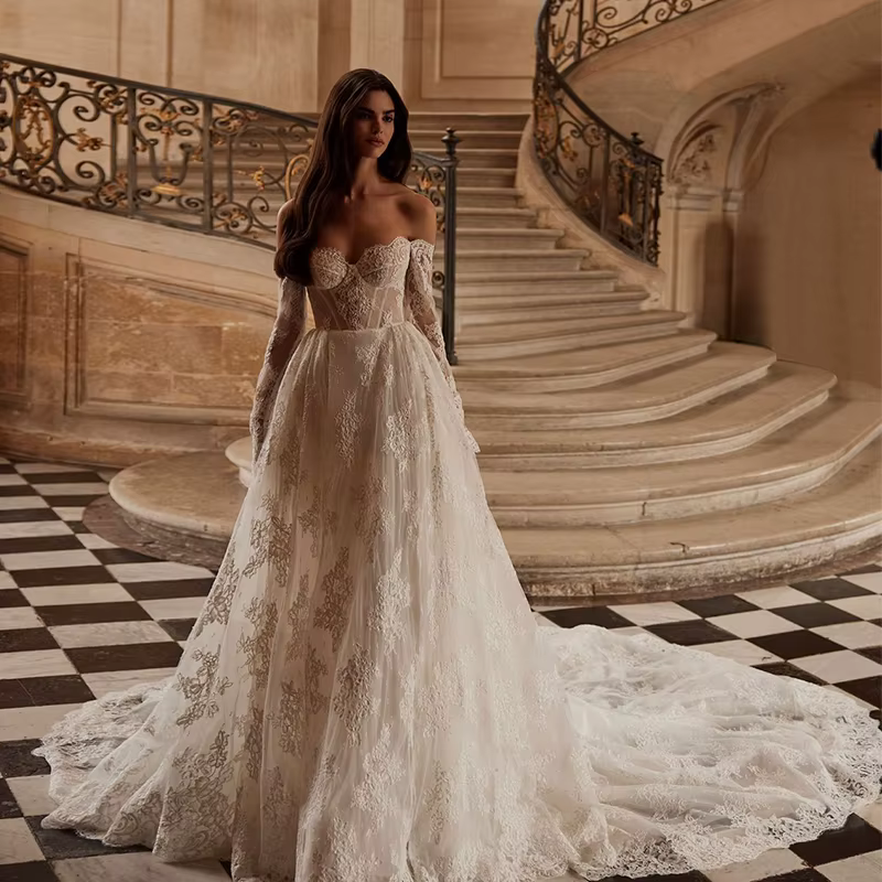 Robe De mariée Vintage en Organza avec dentelle brodée, ligne a, manches longues, épaules dénudées, 