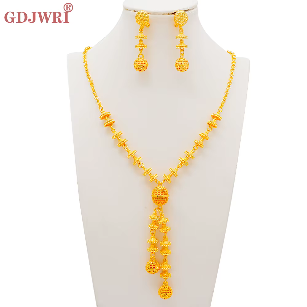 GDJWRI Nouvelle Collection : Parure Collier et Boucles d'Oreilles Rondes Dorées pour Femme, Style Lu