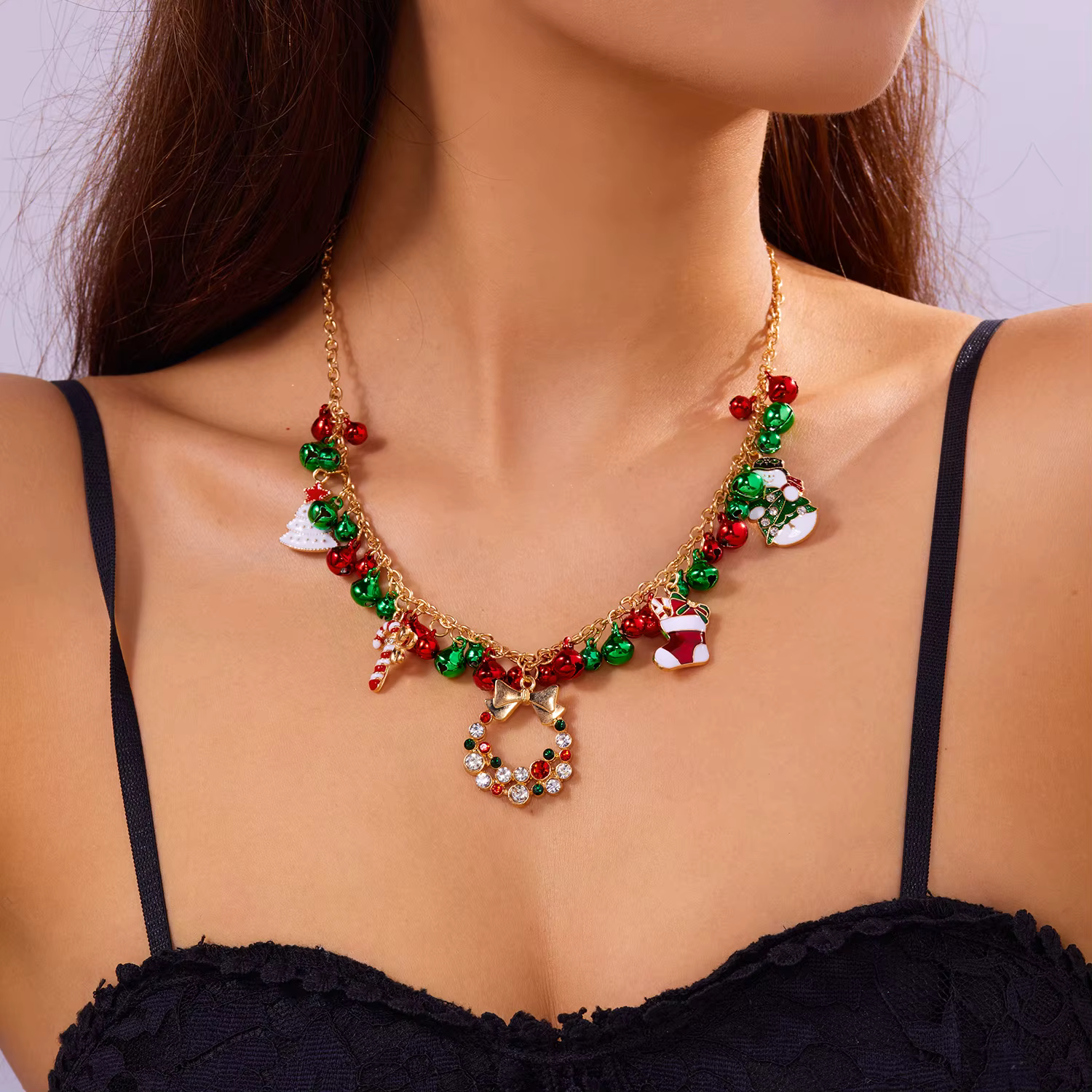 Colliers avec pendentif cloches colorées de noël pour femmes, en Zircon brillant, bonhomme de neige,