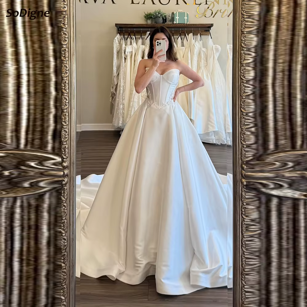SoDigne – robe de mariée en Satin avec appliques, coupe trapèze, sans manches, décolleté en cœur, ro