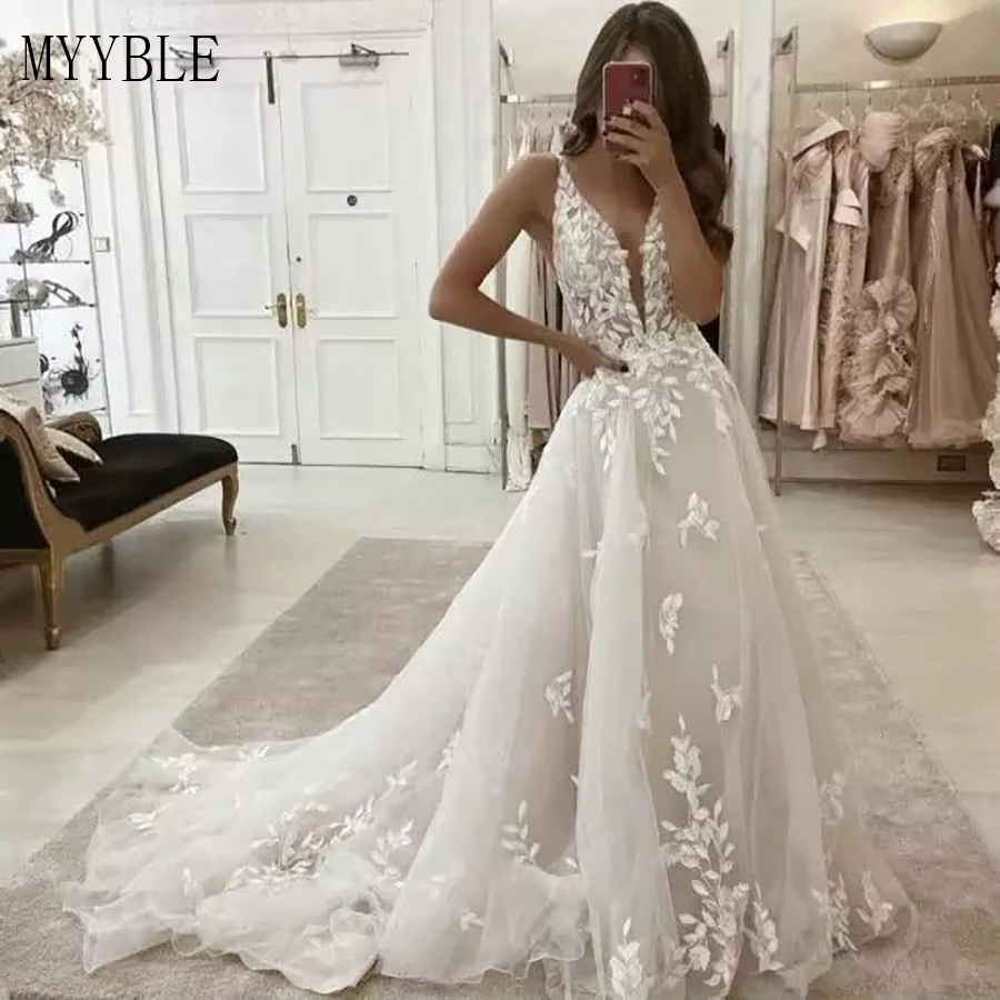 MYYBLE robes De mariée personnalisées bohême col en v plage robe De mariée Vintage a-ligne Appliques
