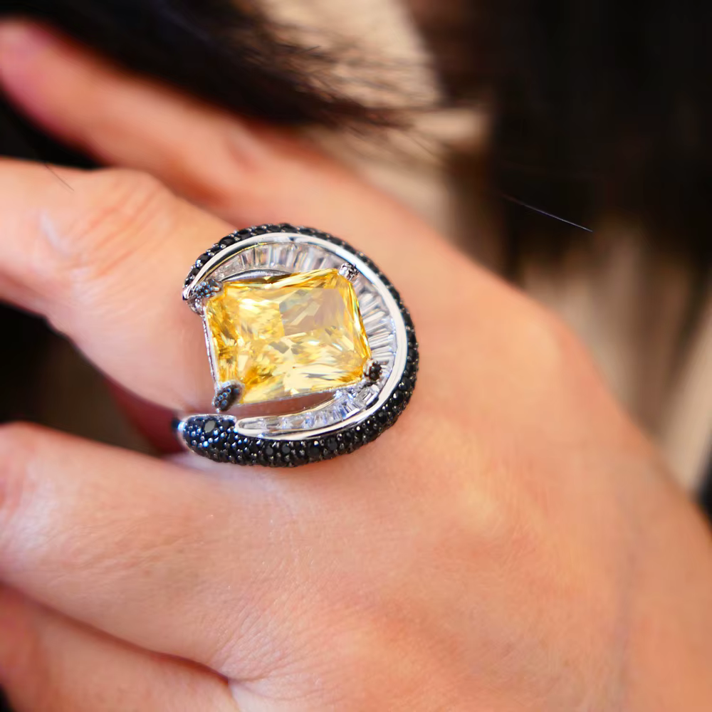 KQDANCE-Bagues rectangulaires en argent regardé 925 pour femme, diamant jaune à haute teneur en carb
