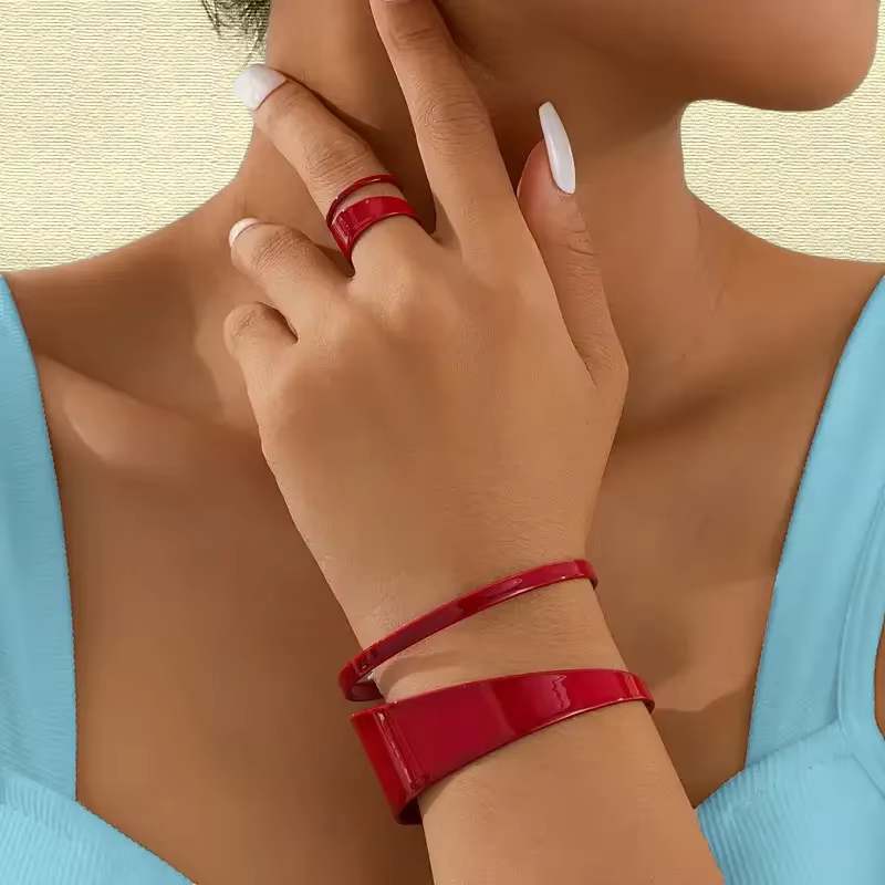 Ensemble de bagues et bracelets ouverts à large face rouge et noir, élégant, simple, créatif, ajouré