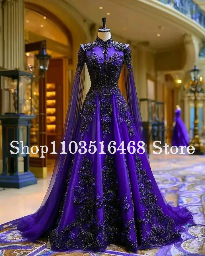 Robe de mariée musulmane élégante sur mesure, couleur violet foncé, luxueuse, ornée de pierres préci