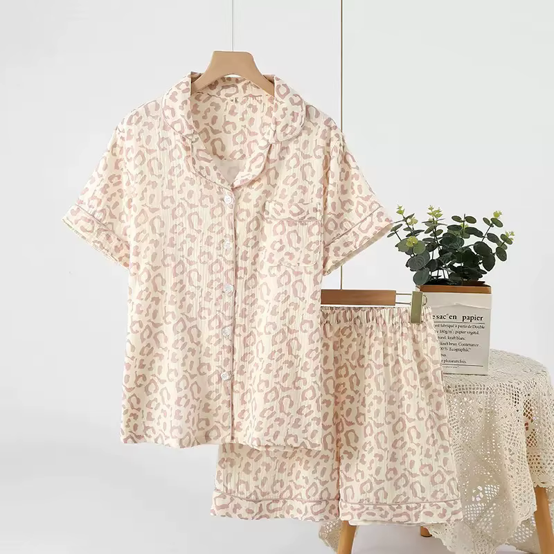 100% Cotton Gauze Women Pajama 3 Piece set European and American style Leopard Print Homewear Summer
