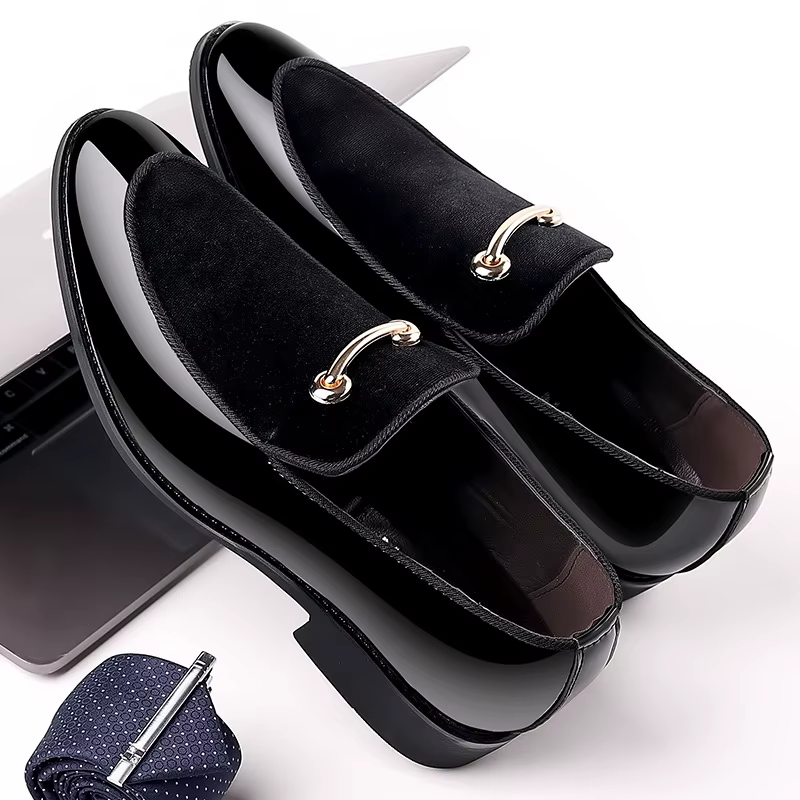 Chaussures de fête pour hommes noir luxe hommes chaussures en cuir formelles sans lacet en cuir vern