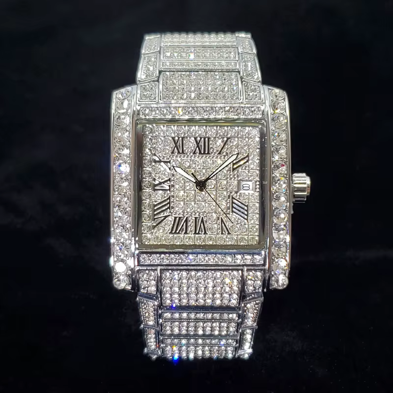 Montre en diamant de luxe pour hommes, nouvelle montre-bracelet rectangulaire Ice Out Bling, bijoux 