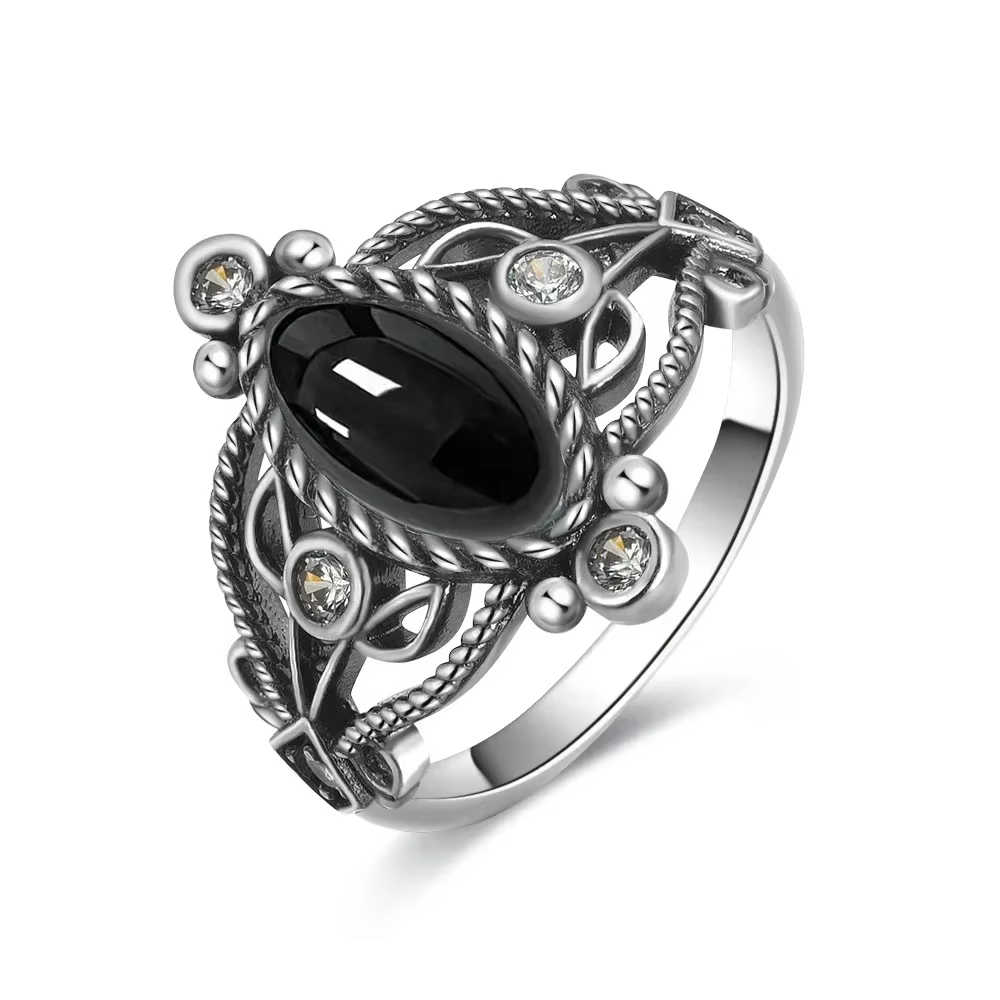 Bague Vintage en argent Sterling 925, Agate noire naturelle, Type Marquise, Design ovale rétro, bijo