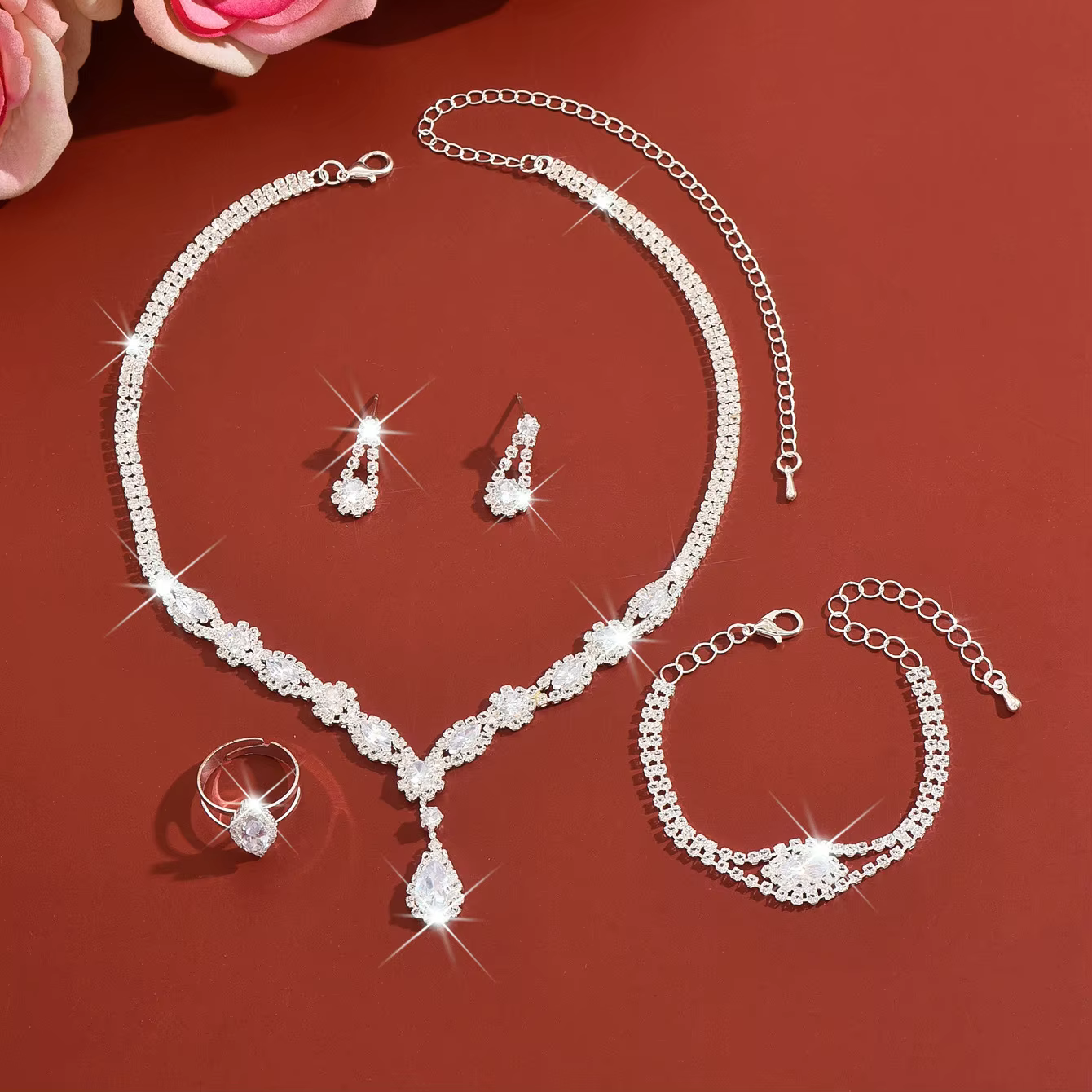 Parure de bijoux de mariée élégante en cristal transparent, collier pendentif goutte d'eau, bracelet