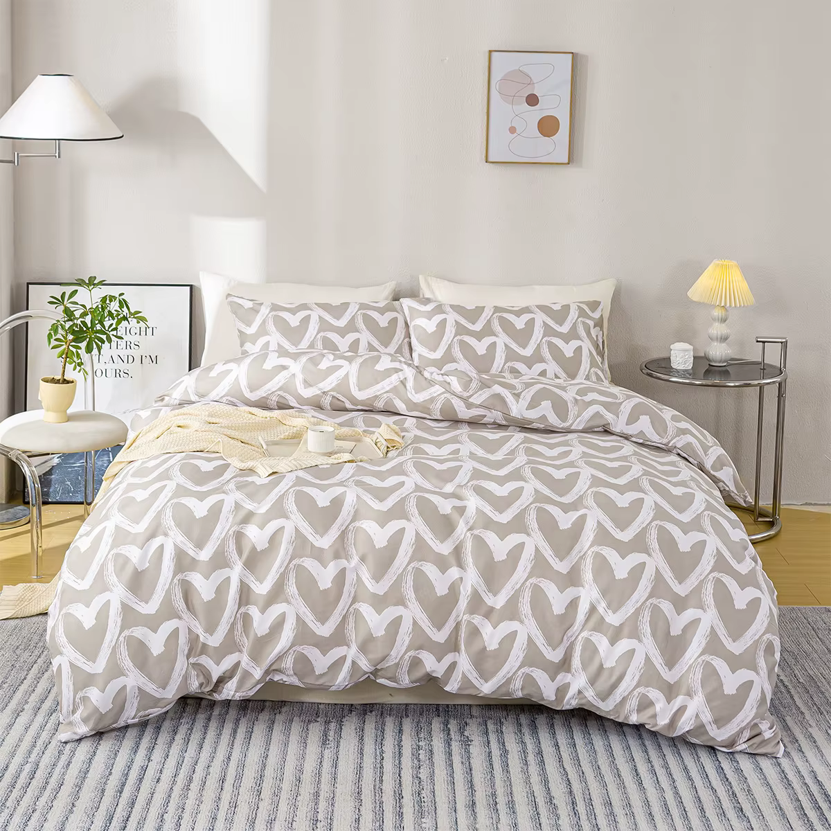 3 pièces/ensemble ensemble de housse de couette imprimé coeur-bleu et gris (1 housse de couette et 2