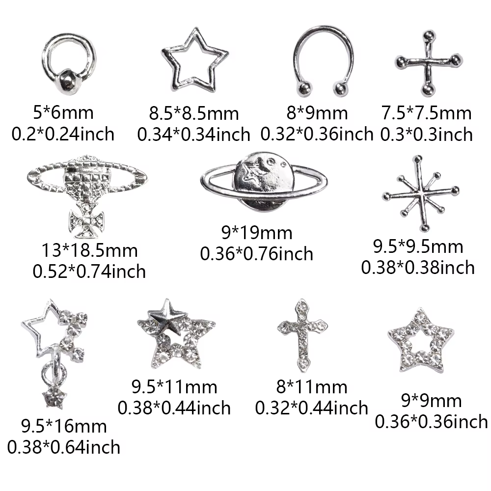 Breloques à ongles en alliage pour Nail Art, étoile argentée, planète, croix, décoration, charbon, b