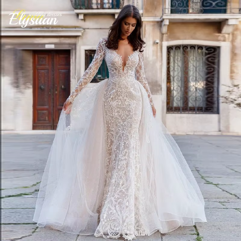Robe De mariée personnalisée sirène détachable 2 en 1, robe De mariée en dentelle, col rond, manches