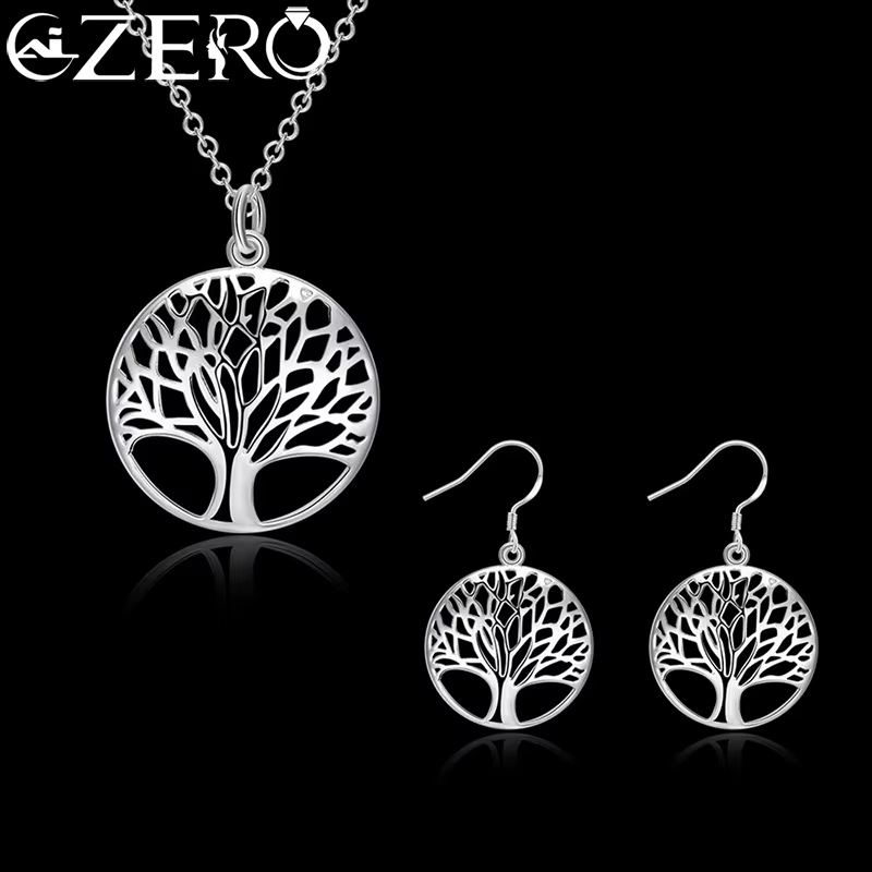 Ensemble de bijoux en argent Sterling 925 pour femme, pendentif d'arbre rond fin rétro, collier, bou