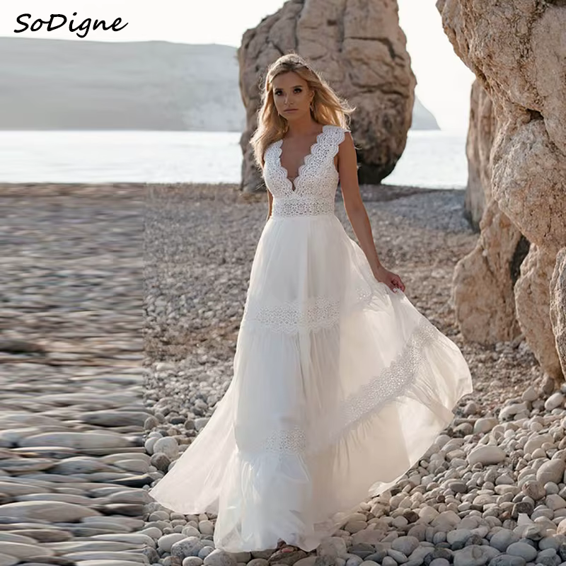 SoDigne-Robe de Mariée Trapèze Style Boho, Col en V, en Fibre de Dentelle/Tulle, Longue Tenue de Pla