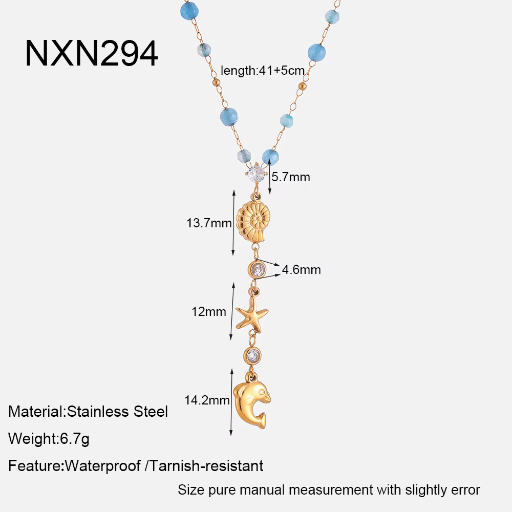 Collier Pendentif Étoile de Mer et Conque en Zirconium, Plaqué Or 18K, Acier Inoxydable, Chaîne en P