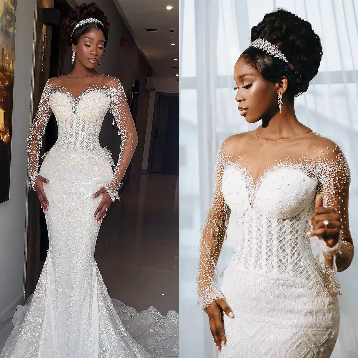 Robes de mariée sirène personnalisées pour mariée perles de luxe perles dentelle Appliques robes de 