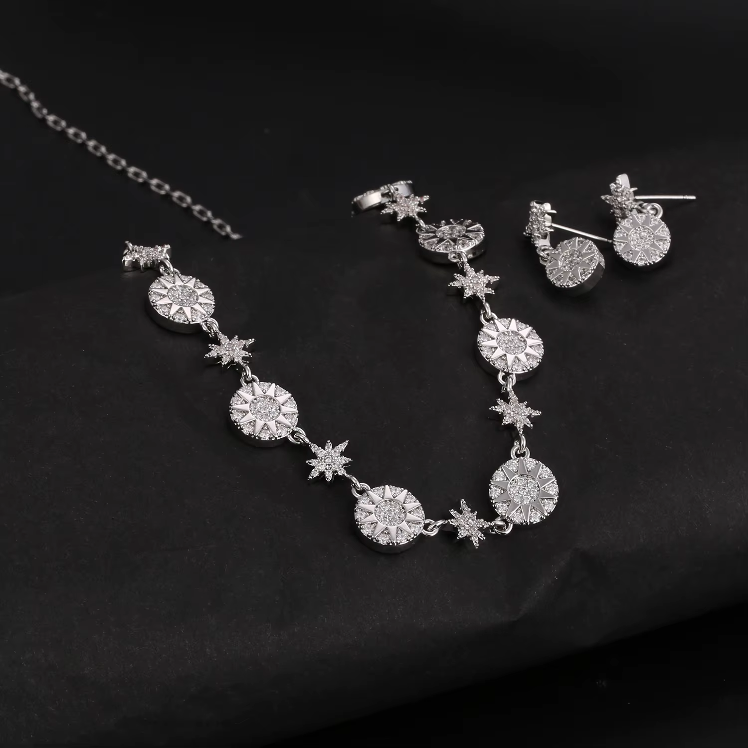 Parure Collier et Boucles d'Oreilles Plaqué Or Étoile du Soleil Zircon pour Femme, Bijoux Élégants P