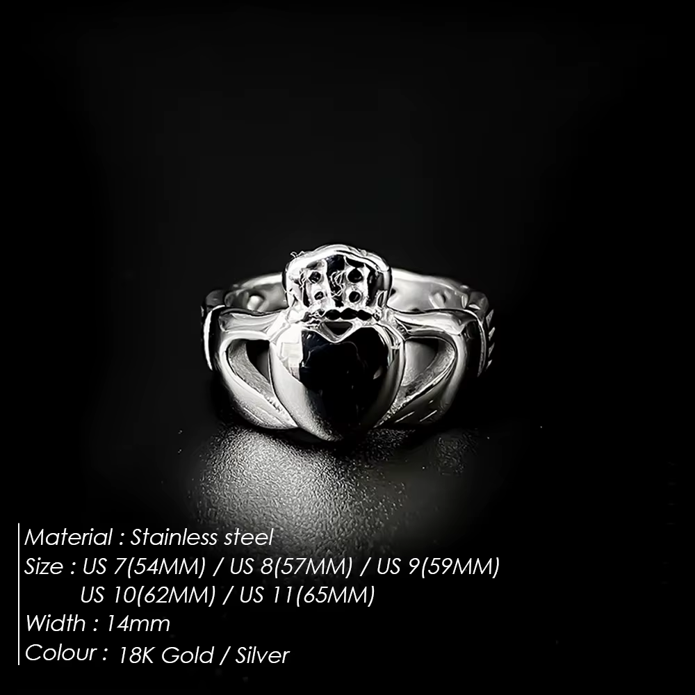 Bague Saint-Belan style punk, motif Claddagh, main tenant un cœur avec couronne, en acier inoxydable