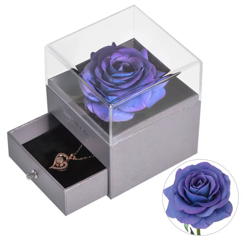 Boîte à bijoux pour collier avec roses rouges longue durée, roses éternelles conservées en soie, fle