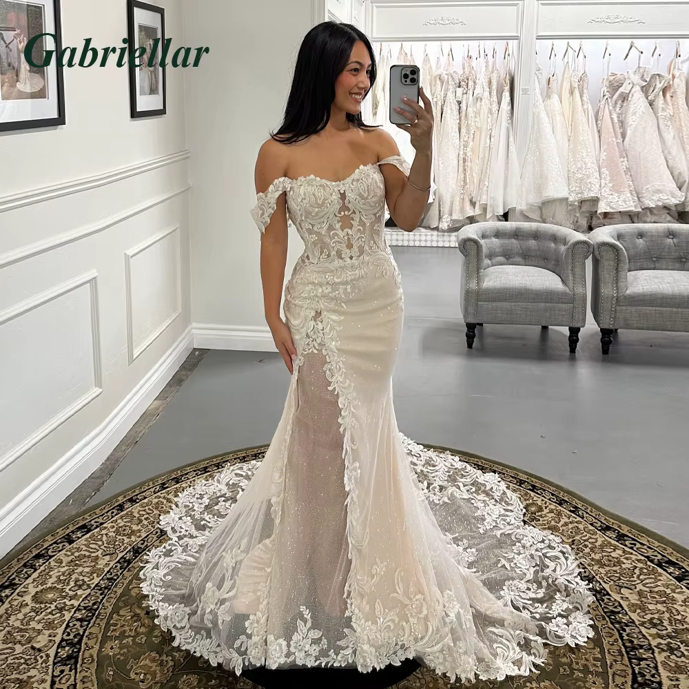Gabriellar exquise hors De l'épaule robe De mariée pour mariée sirène dentelle Appliques fente Tulle