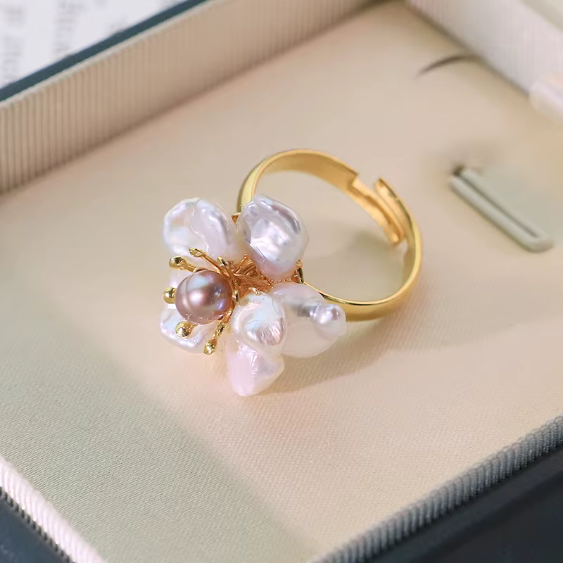Bague baroque en perles d'eau douce naturelles, plaquée or 18 carats, faite à la main, pour Banquet,