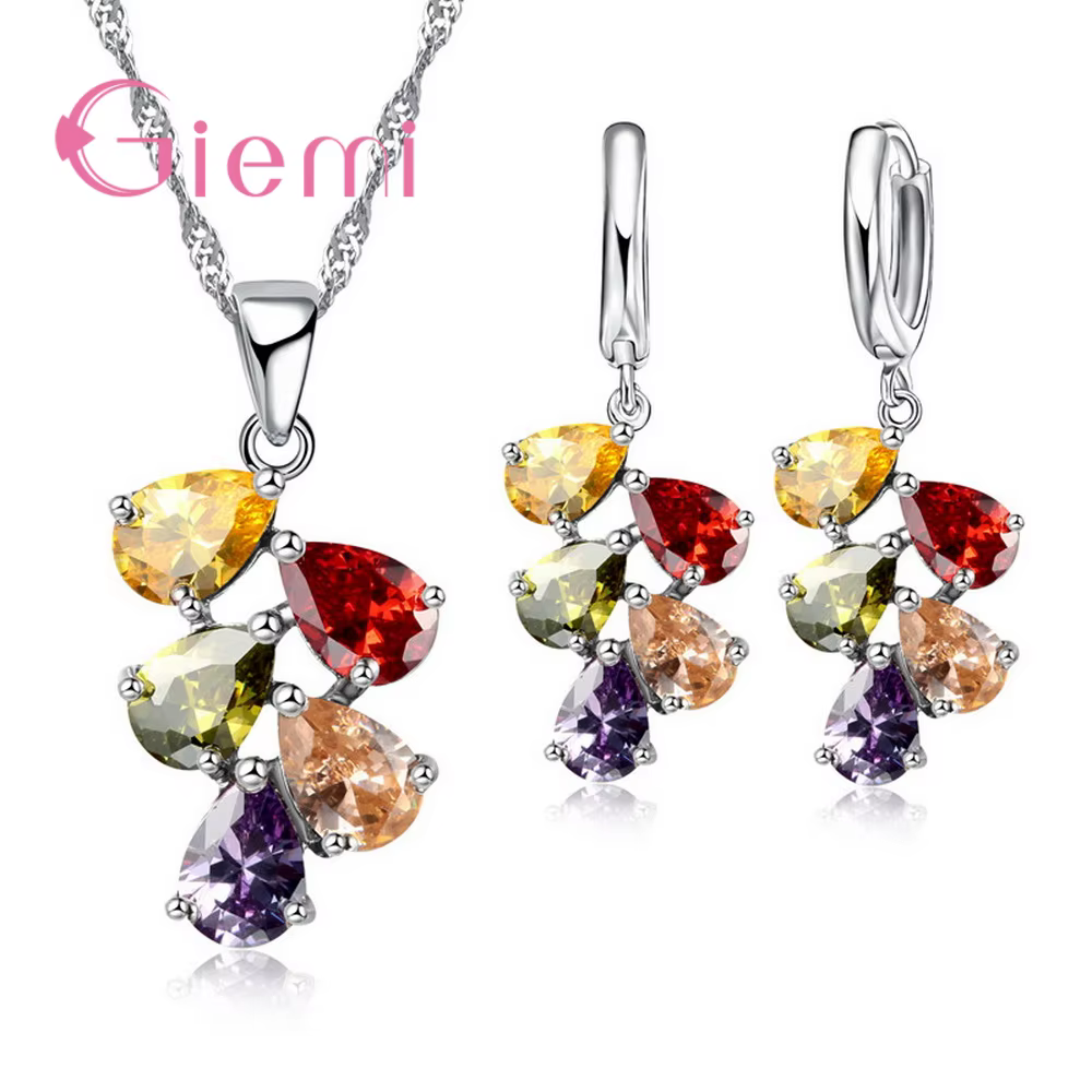 Pur 925 argent Sterling vigne goutte d'eau zircon cubique pendentif collier boucles d'oreilles ensem