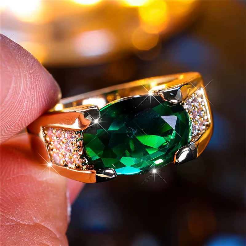 Bague en pierre de Zircon vert pour hommes et femmes, tendance, couleur or jaune, fiançailles, migno