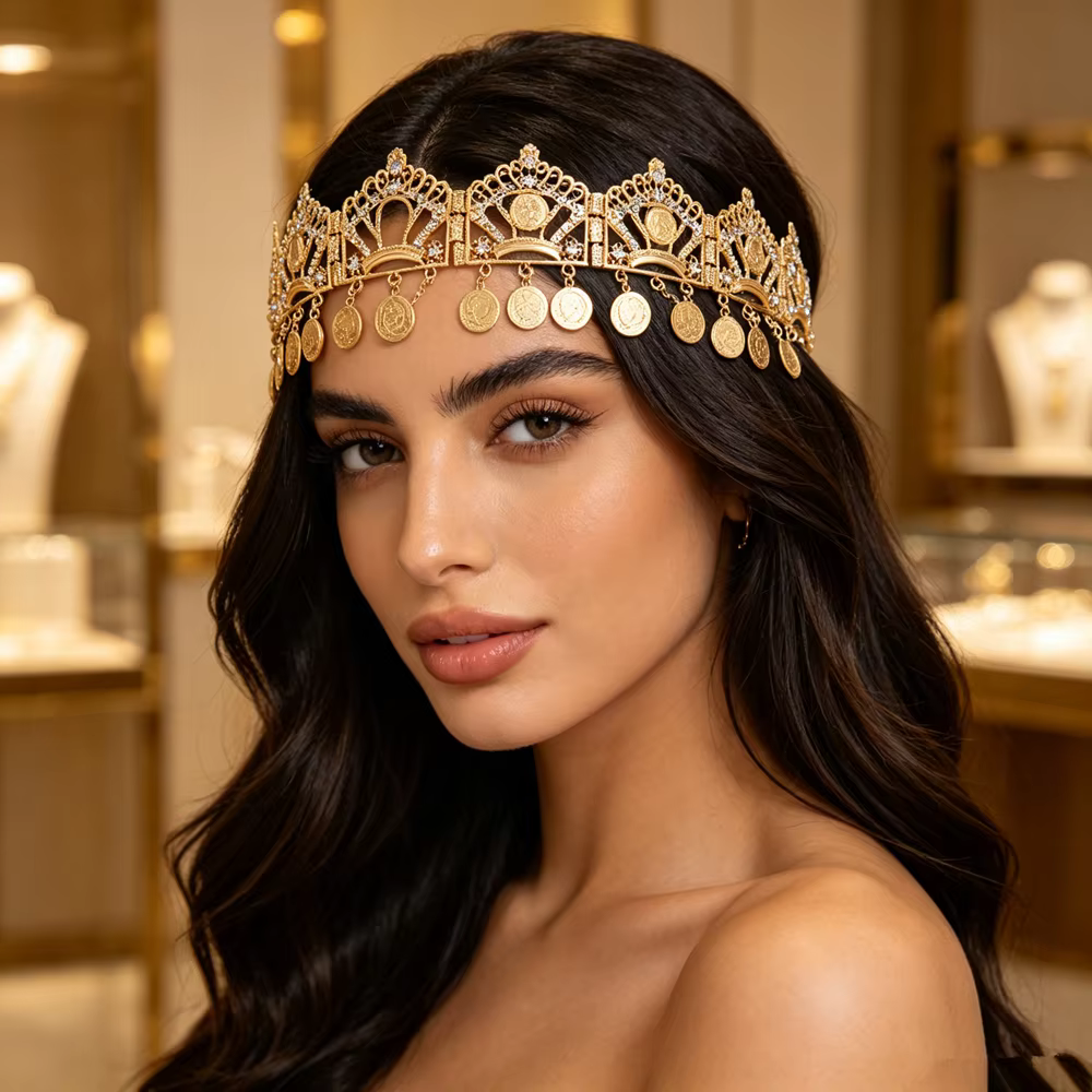 Serre-tête de mariée de luxe marocain, design couronne dorée ajourée avec pièces gravées pendantes,