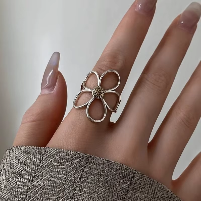 Bagues couleur argent pour femmes, Couple minimaliste, fait à la main, Simple, grande fleur, bijoux