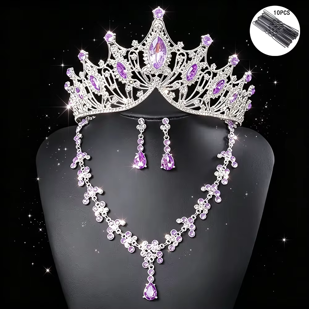 Parure de bijoux de mariée de luxe : Tiara, collier, boucles d'oreilles et 10 épingles à cheveux – A