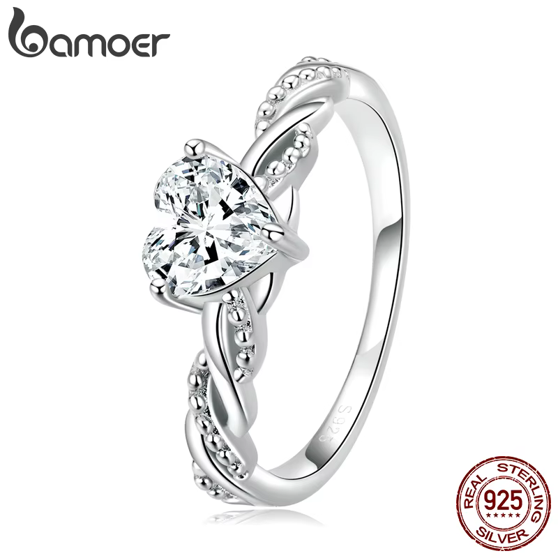 Bague en argent sterling 925 avec zircon en forme de cœur Bamoer, design unique en forme de corde, b