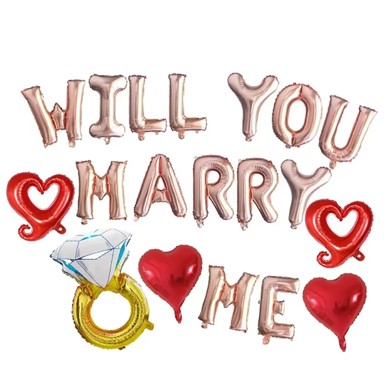 Ballon de fiançailles en forme de cœur avec pétale de rose, bannière diamantée « Will You Marry Me »