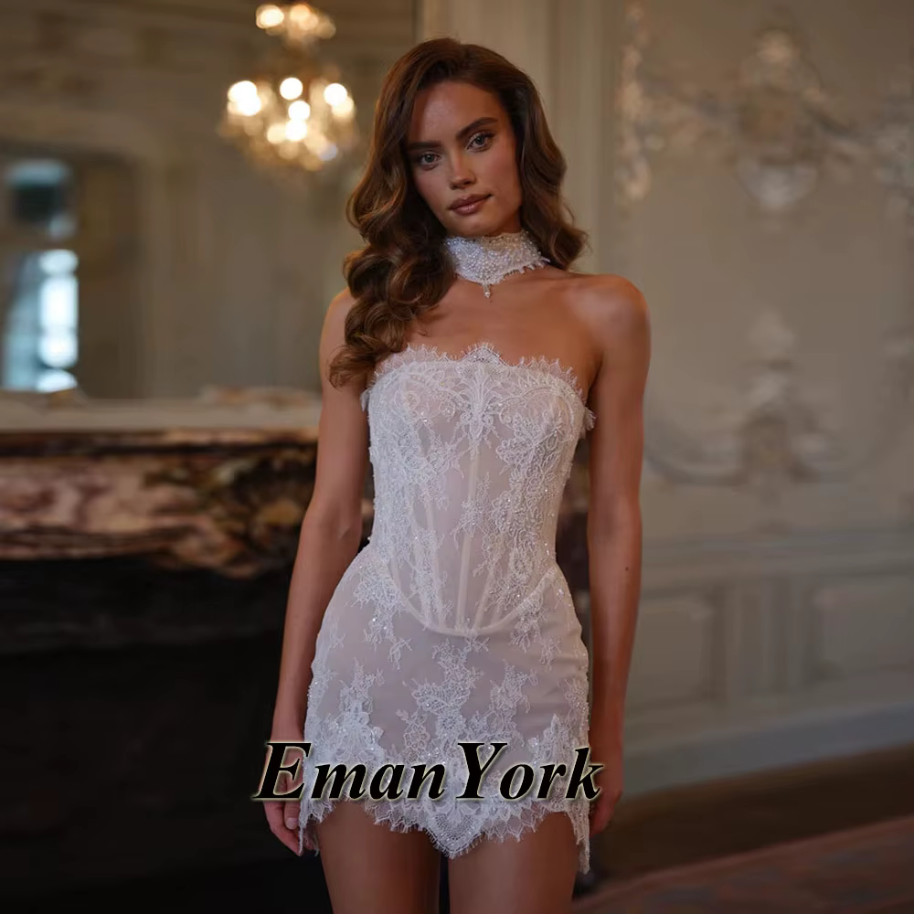 Robe de mariée mini personnalisée EmanY avec fleurs à sequins exquises, sans manches, à lacets, styl