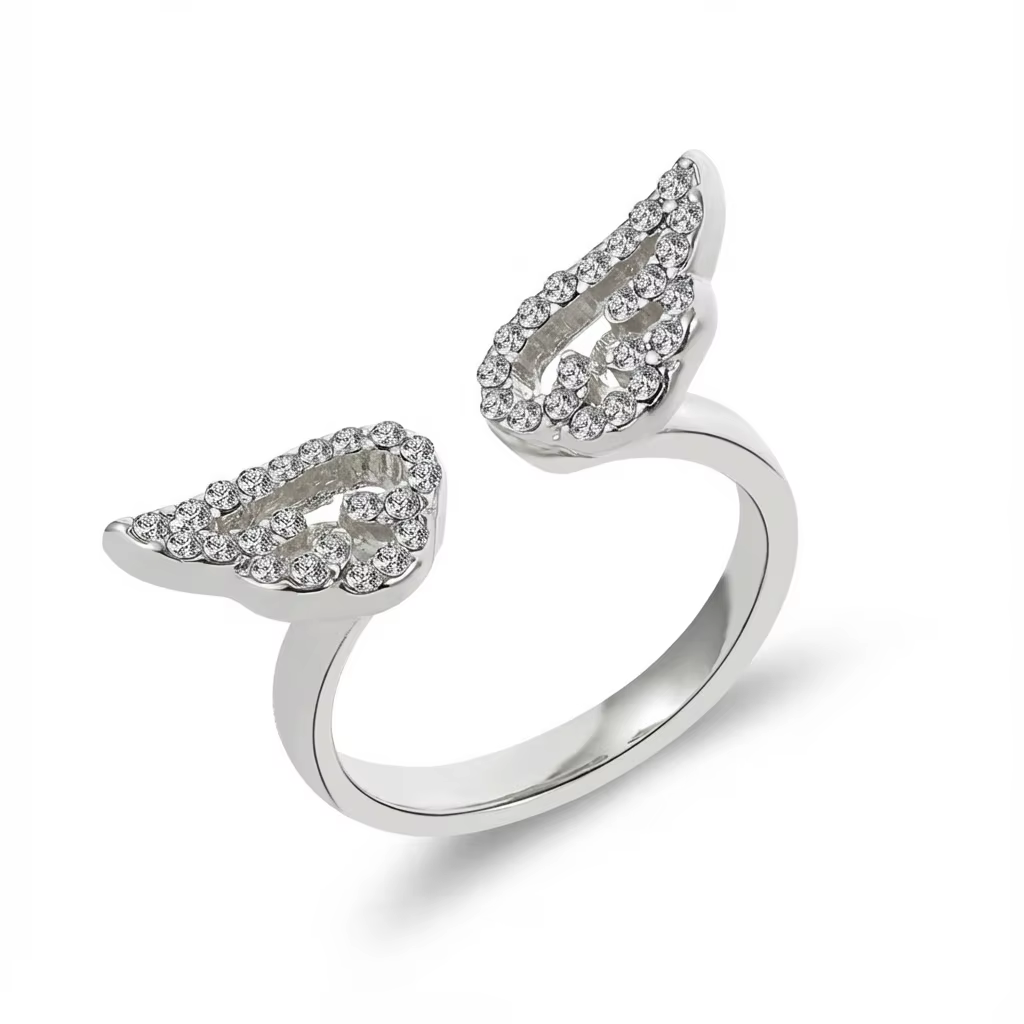Bague ouverte en zircon de luxe Sparkle, ailes d'ange, pour femmes, réglable, couleur argent, bague 
