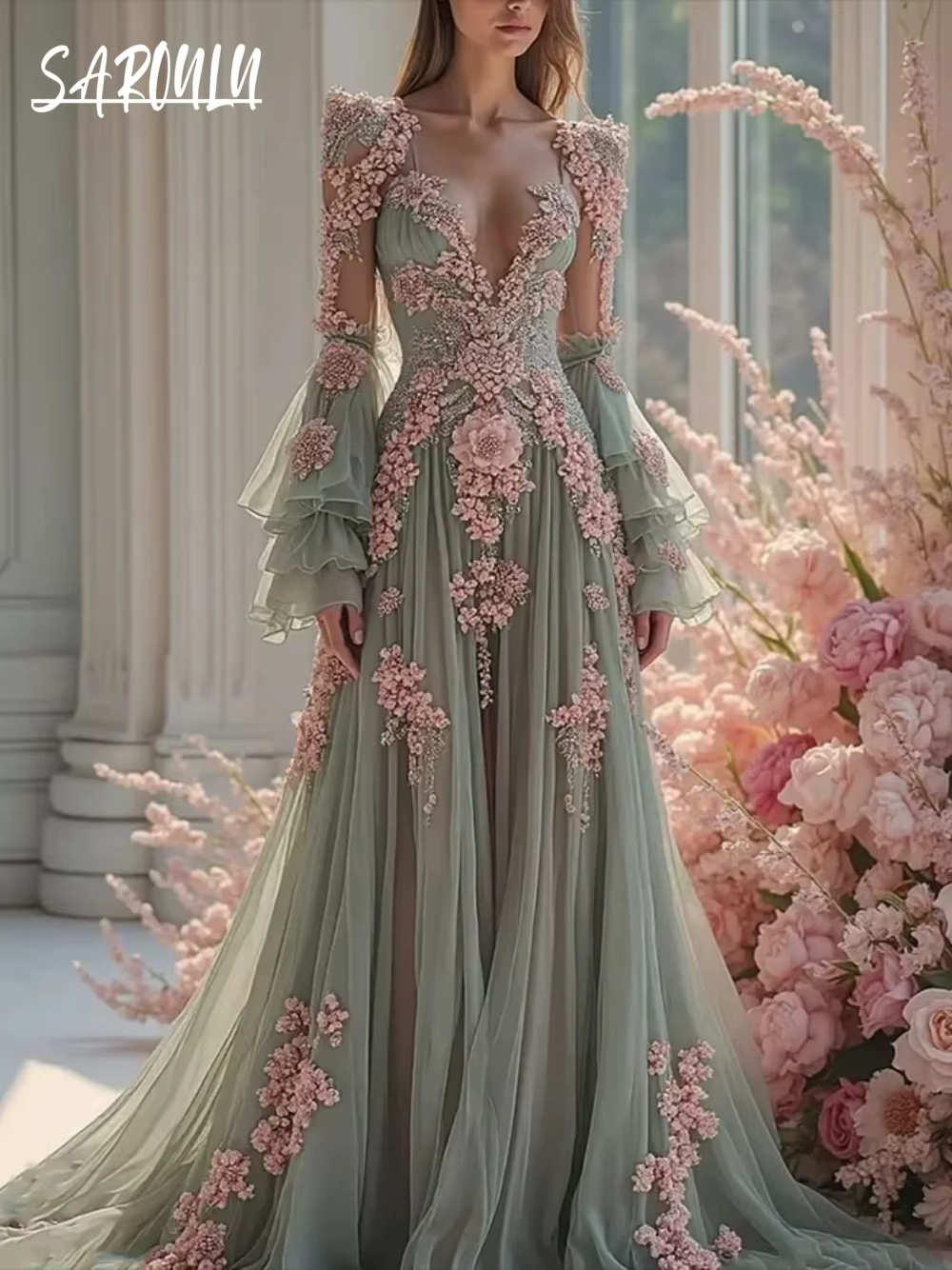 Nouveauté élégante robe de soirée col en v Chic fleurs mariée personnalisé Occasions formelles Cockt