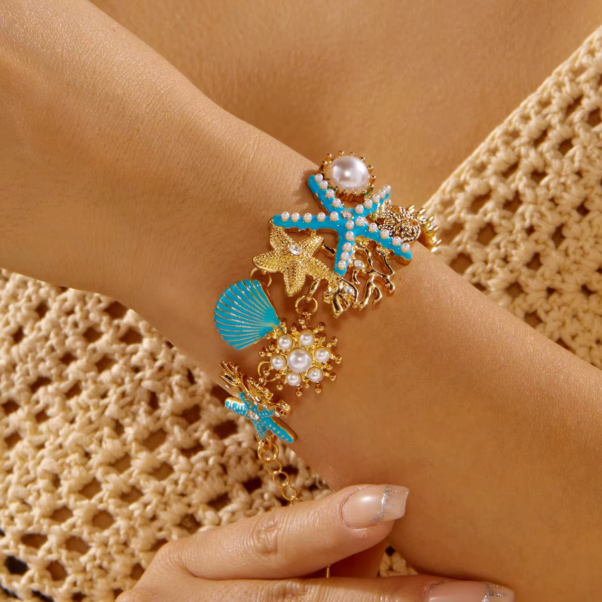 Ensemble collier et bracelet imitation perle, émail bleu, étoile de mer, coquillage, corail pour fem