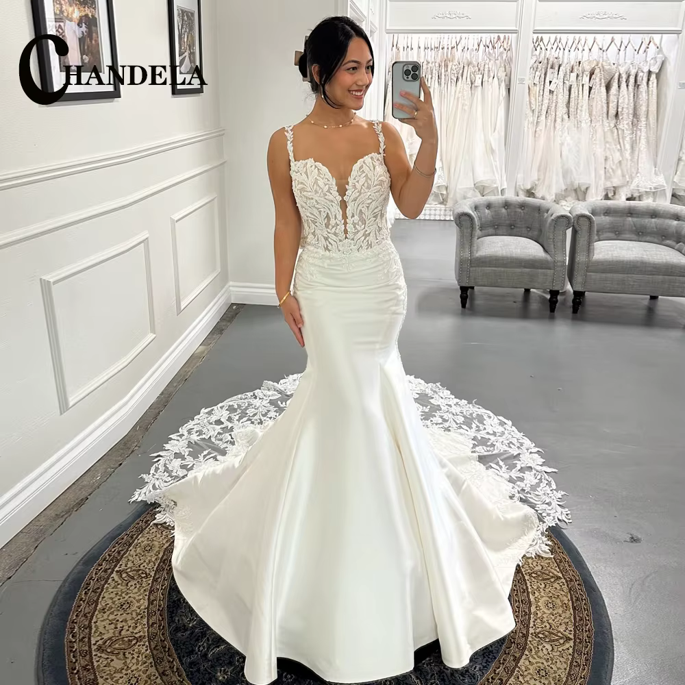 CHANDELA-Robes de mariée en satin classique pour mariée, décolleté en V, trompent en fibre avec appl