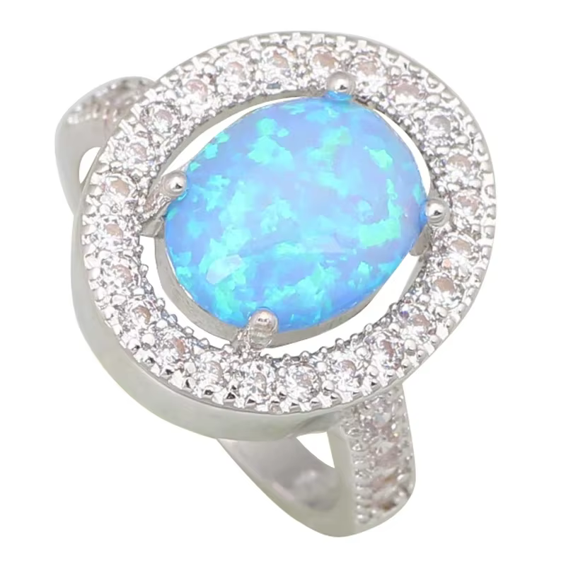 Bague ovale scintillante en opale bleue pour femmes, bijoux élégants de couleur argent en zircone cu