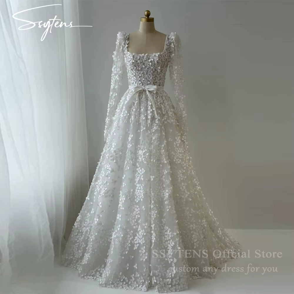 SSYTENS – robe de mariée de luxe à col carré pour femme, manches longues, en Tulle, avec des appliqu