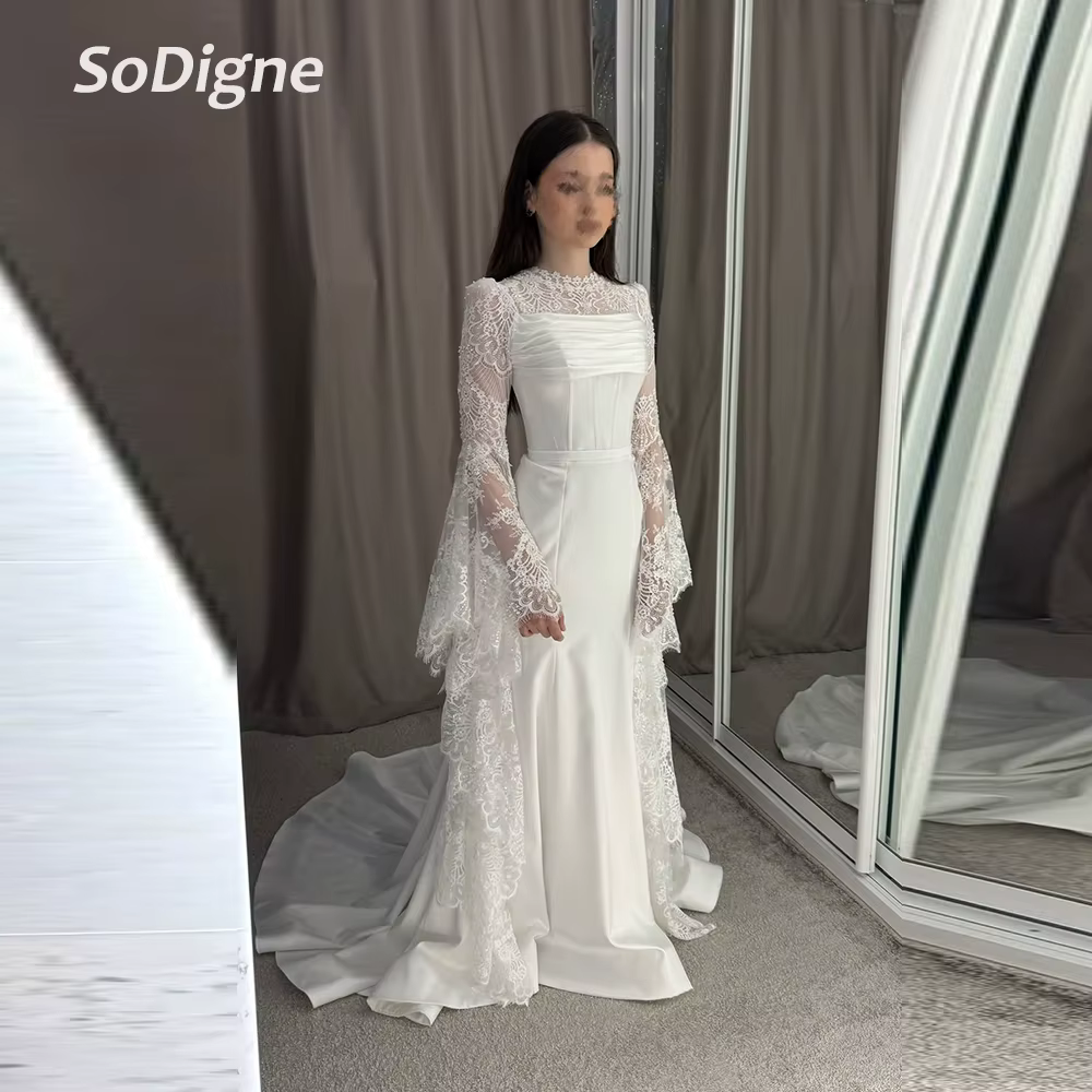 SoDigne Satin/dentelle robe de mariée sirène manches longues col rond 2025 robes de mariée longues r