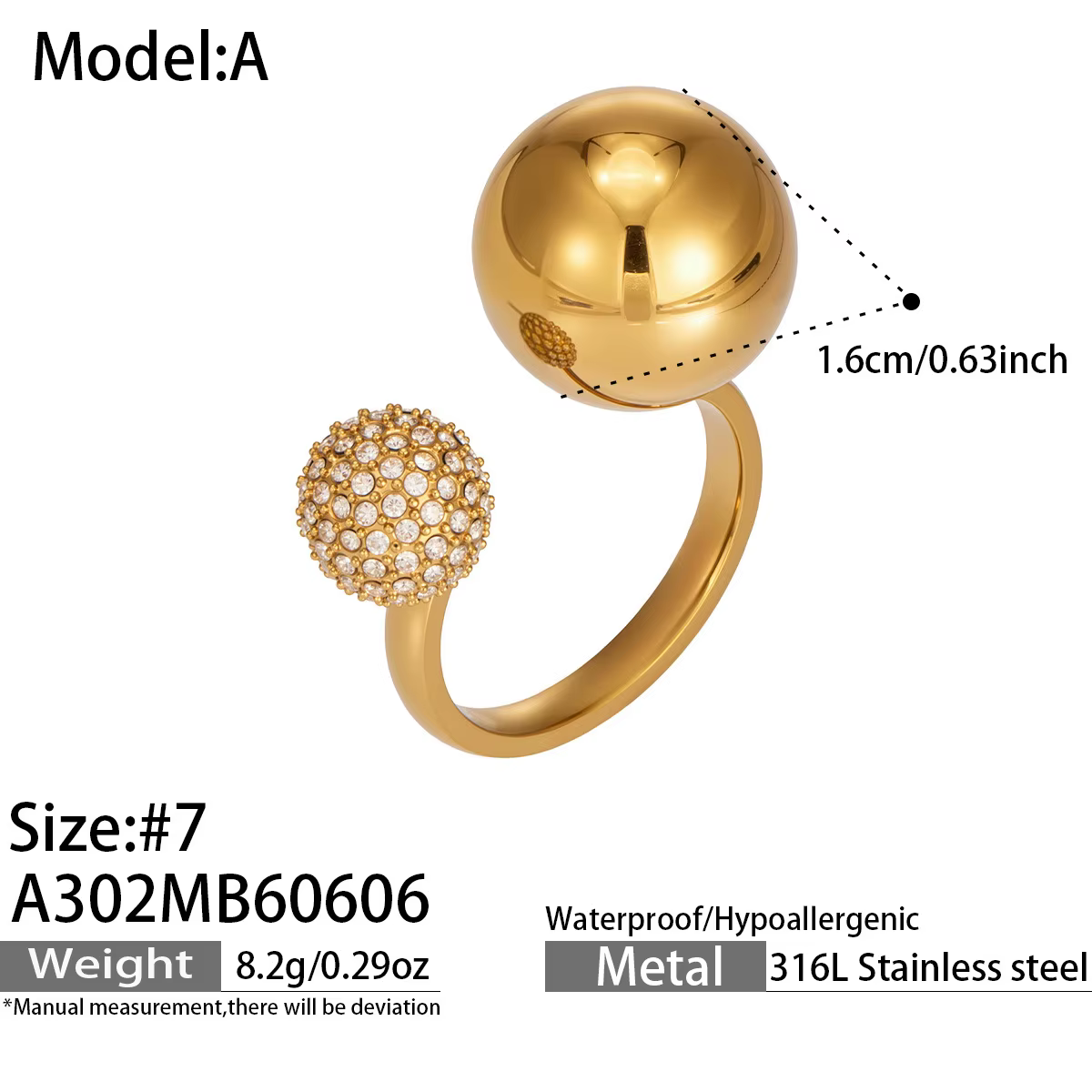 Ensemble de bagues ouvertes en acier inoxydable 316L plaqué or 18 carats avec double sphère et zirco