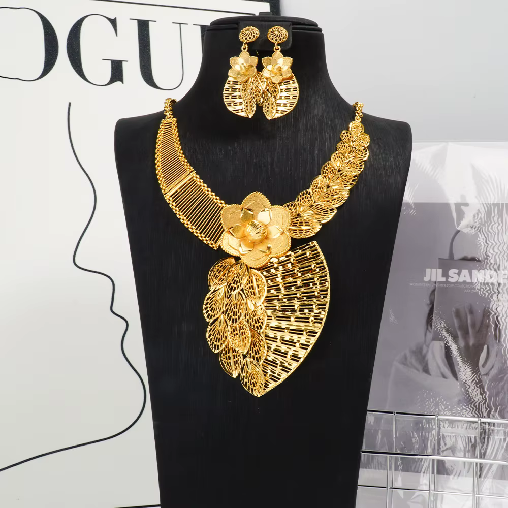 Collier bijoux grand ensemble fleur bijoux africains goutte boucle d'oreille couleur or femmes Desig