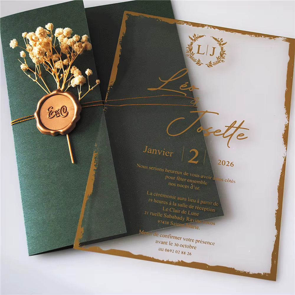 Carte d'invitation de mariage imprimée en PVC, 10 pièces, personnalisée avec emballage (fleur sèche 