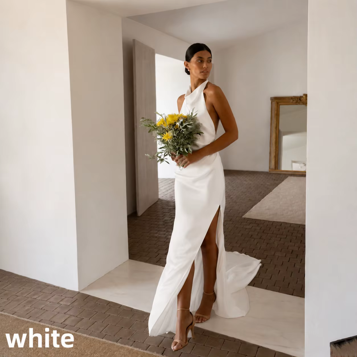 Robe de mariée minimaliste col halter satin soie dos nu nœud élégant fente haute traîne sirène robe 