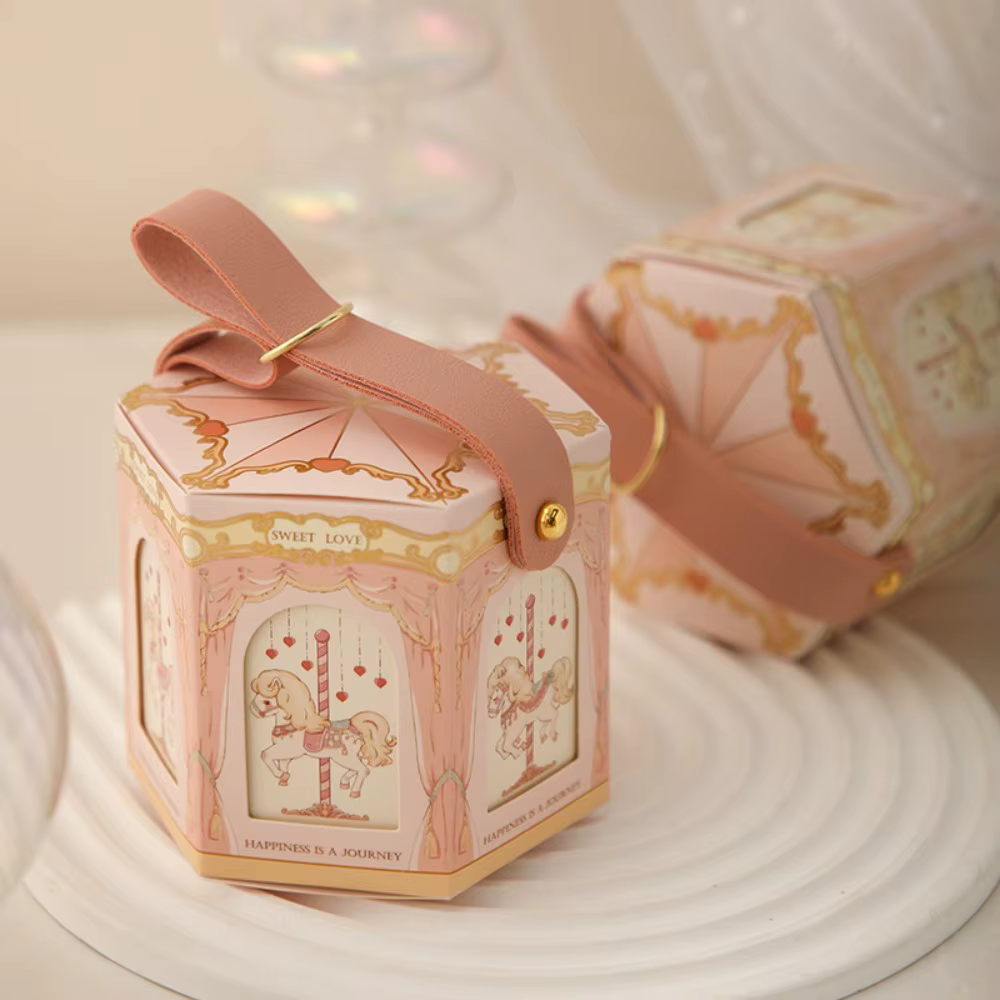 Boîte-cadeau de carrousel avec poignée en cuir, sac à bonbons élégant, sac fourre-tout à bonbons d'a