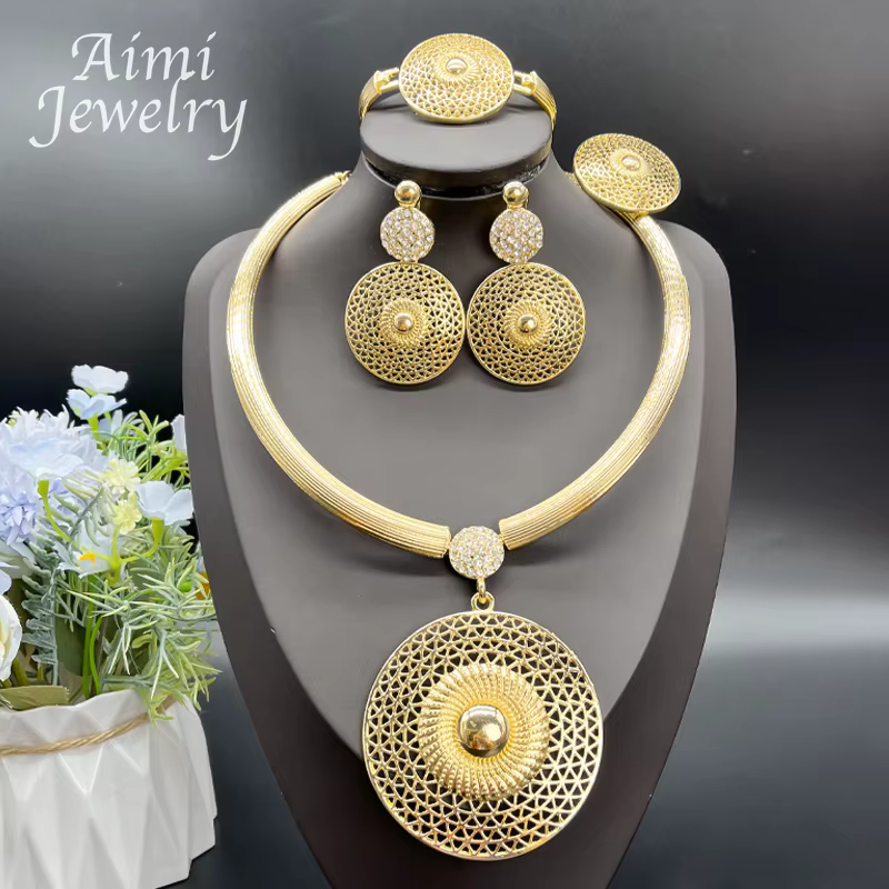Ensemble de bijoux plaqué or 18 carats pour femme, grand pendentif rond, collier, boucles d'oreilles