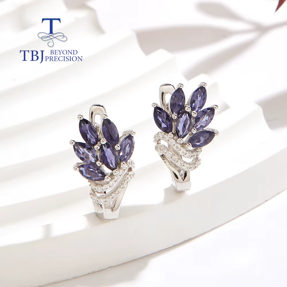 Boucles d'oreilles de luxe 2026 avec fermoir argenté, pierre précieuse naturelle Iolite, bijoux de m